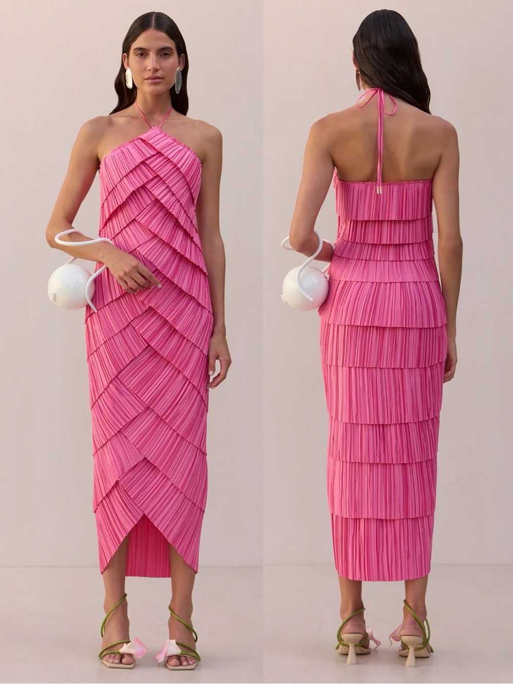 Cult Gaia Patrizia Plisse Pleated Halter Midi Dress Rosette Pink